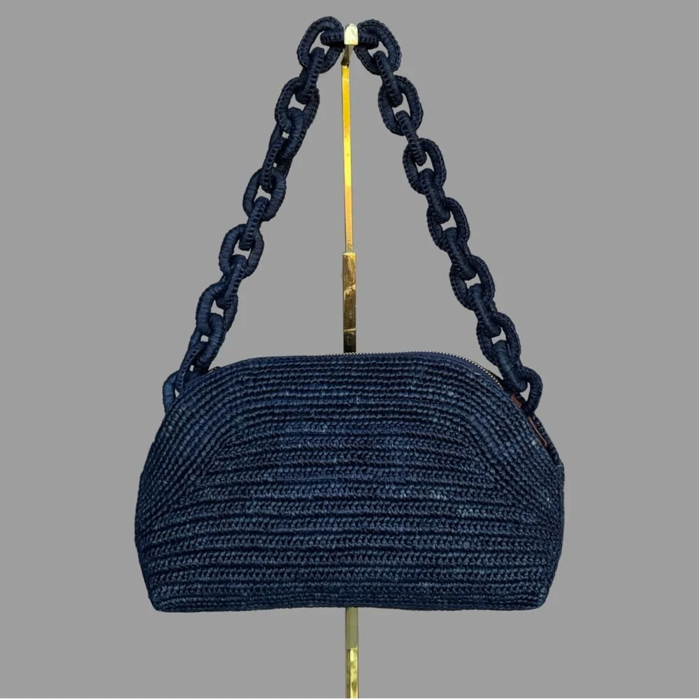 SEZANE Navy Blue Woven Braided Raffia Shoulder Bag Chain Link Strap Isabelle Bag - Picture 8 of 14